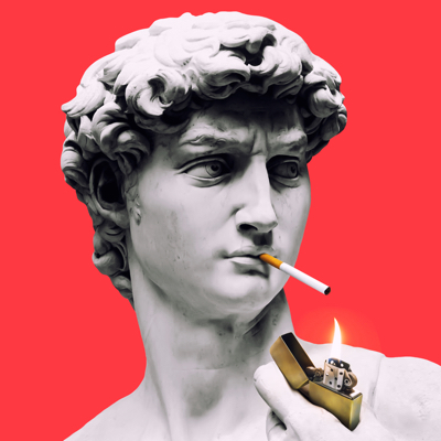 Photo collage of a statue with a cigarette